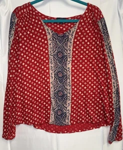 Lucky Brand Top Blouse Women Size L Long Sleeve Red Blue Bohemian Linen Blend - Picture 1 of 5