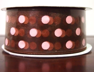 Sheer Brown & Pink Polka Dot Ribbon - 1-1/2" Wide x 25 Yards-Made In Taiwan - Picture 1 of 3