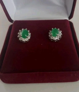 Jade & Simulated Diamond Halo Solitaire Stud Earrings 18K White Gold Plated - Picture 1 of 4