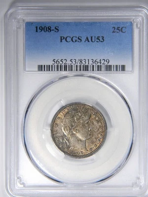 1908-S BARBER QUARTER ~ PCGS AU53 ~ NICE AND ORIGINAL! - Image 1 of 4