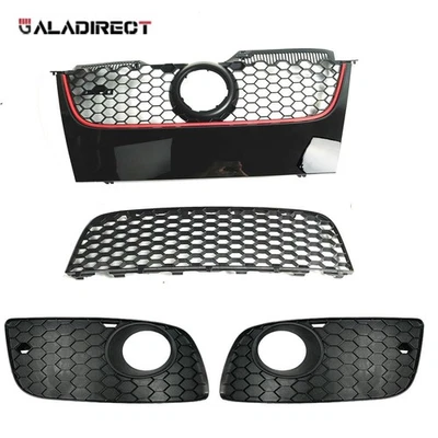 Rejilla principal de malla hexagonal negra brillante con moldura roja para VW GTI Jetta 2006-2009 Foto 1 de 4