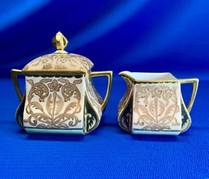 WONDERFUL HAND-PAINTED NIPPON SQUARE W/ CUT CORNERS SUGAR AND CREAMER - Picture 1 of 8