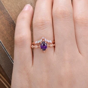 Natürlicher Amethyst & Opal viktorianisch 14K Rotgold plattiert Silber Ehering Set - Bild 1 von 5