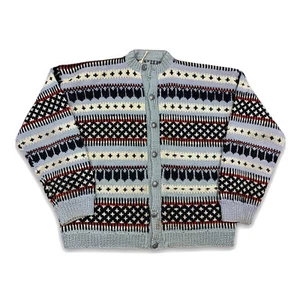 Vintage 60s 70s 100% Wool Hand Knit In Norway Sweater Fair Isle Cardigan Size M - Picture 1 of 8