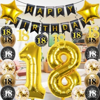 Globos de papel aluminio con número de 32 pulgadas de cumpleaños 18 negro y dorado decoraciones para niños Foto 1 de 4