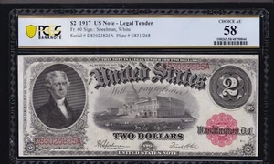 US 1917 $2 Jefferson Legal Tender FR 60 PCGS 58 Ch AU (825) - Picture 1 of 2