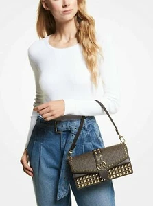 NIP 🌼 Michael Michael Kors Greenwich Med Stud Logo Shoulder Bag Chocolate Brown - Picture 1 of 7