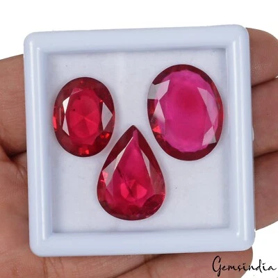 45.40 Cts/3 Pcs Hydro Pink Red Ruby Oval Pear Faceted Loose 17mm-21mm Gems Lot - Image 1 of 4