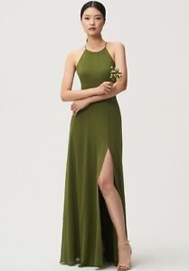 Jenny Yoo Kayla A-Line Halter Dress, Kiwi Luxe Chiffon, Size 12