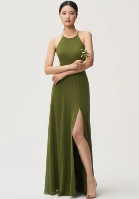 Vestido Halter Jenny Yoo Kayla Línea A, Kiwi Lujo Gasa, Talla 12 Foto 1 de 4