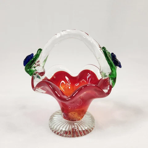 Vintage Small Colorful Glass Basket Home Accent Decor Collectible PREOWNED Cover