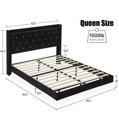 Full Queen Size Floating Bed Frame with LED Light Upholstered Storage Headboard - Image 1 of 4