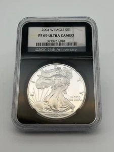 2004 W PROOF SILVER EAGLE NGC PF69 ULTRA CAMEO BLACK 25 ANNIVERSARY HOLDER - Picture 1 of 4
