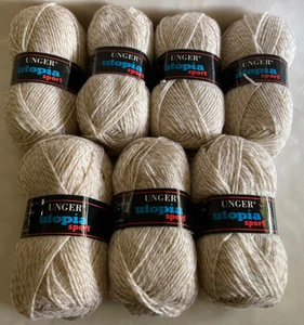 7 Skeins Unger Utopia Sport Worsted Yarn 100% Acrylic 2020 White Tan Stripe 5mm - Picture 1 of 3