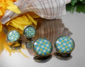 Ohr Clips türkis gelb / Glas Cabochon 16 o. 12 mm /antik bronce / handgefertigt - Bild 1 von 3