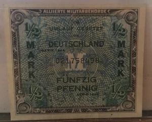 1944 Germany Allied Occupation 1/2 Deutschland Mark Note Fünfzig Pfennig - Picture 1 of 2