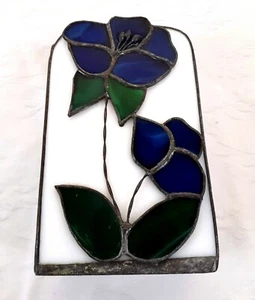 Tiffany Style Stained Glass Organizer Pencil Holder 5.5"x3.25" Blue Flower Vtg - Picture 1 of 9
