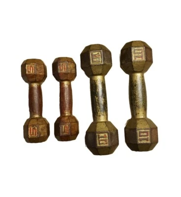 Vintage Solid Iron Dumbbell Set 2 5 10 30 Lbs Total Octagonal Heads Rare Weights - Image 1 of 4