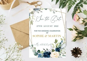 Save the Date Cards Navy Floral Rustic Personalised Wedding Invitations - Picture 1 of 5