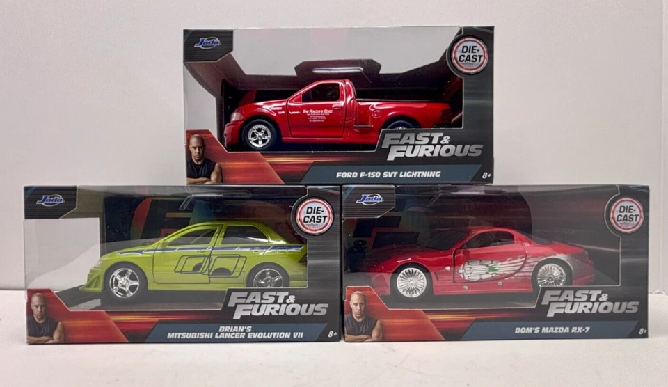 NEW! Fast & Furious💥 Jada Toys Die Cast Metal - F150, Mazda RX-7 & Lancer - Image 1 of 1