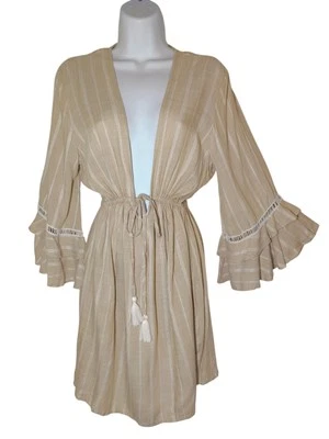 Mini Vestido Spiaggia Dolce Beige Blanco Rayas Manga Volantes Natación Encubrimiento M Foto 1 de 4