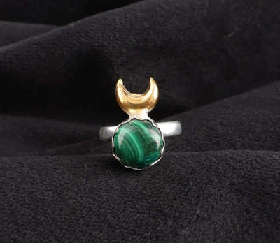 Malachite Gemstone 925 Sterling Silver Handmade Valentine Jewelry Half Moon Ring Foto 1 de 4