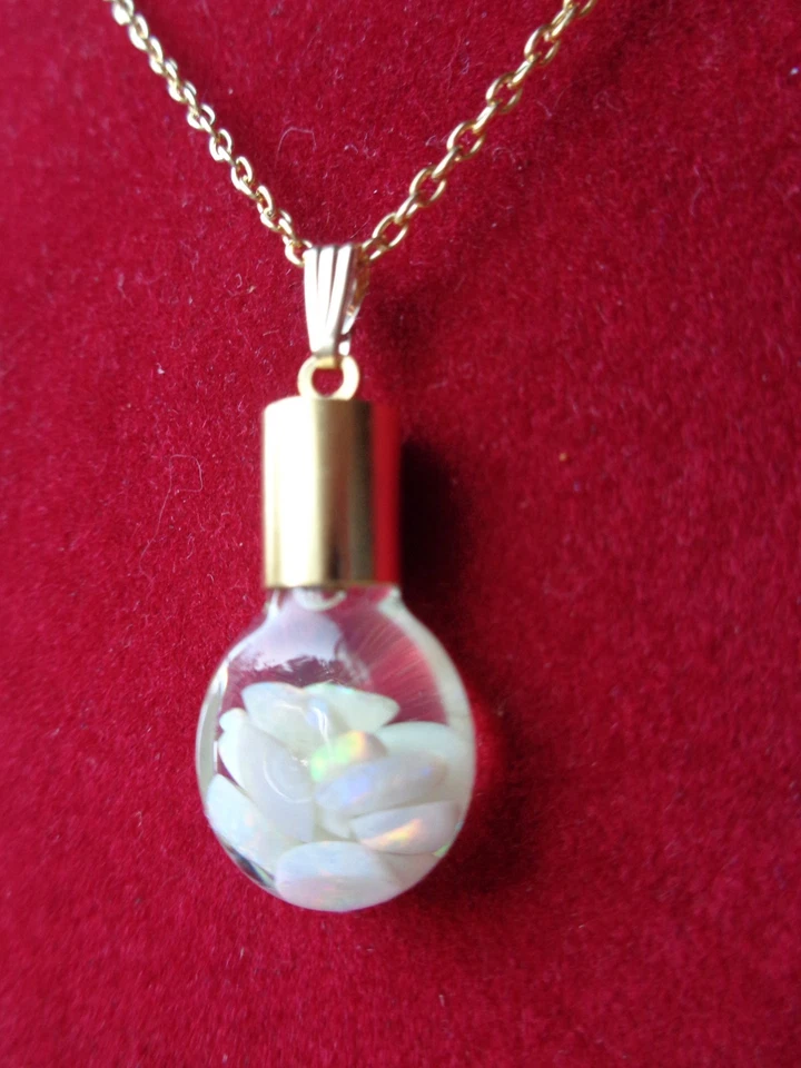 COLGANTE ÓPALO FLOTANTE VIDRIO SOPLADO A MANO - CADENA Y FIANZA TONO DORADO 18" - CAJA DE REGALO INC. Foto 1 de 1