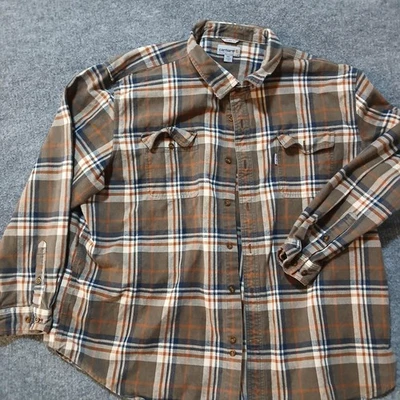 Carhartt Flannel Shirt Mens 4XL Brown Blue Orange Plaid Original Fit Workwear - Image 1 of 4