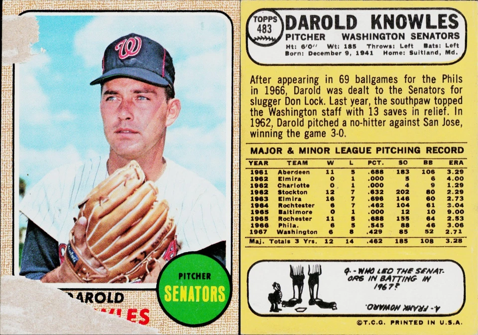 1968 Topps Baseball Card #483 Darold Knowles - Изображение 1 из 1