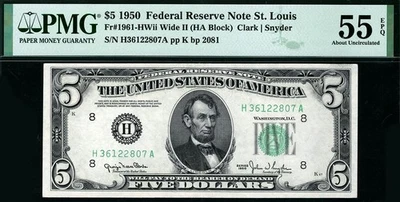 1950 $5 St. Louis *WIDE II* Federal Reserve Note 1961-H Wide 2 PMG 55 EPQ *RARE* - Image 1 of 2