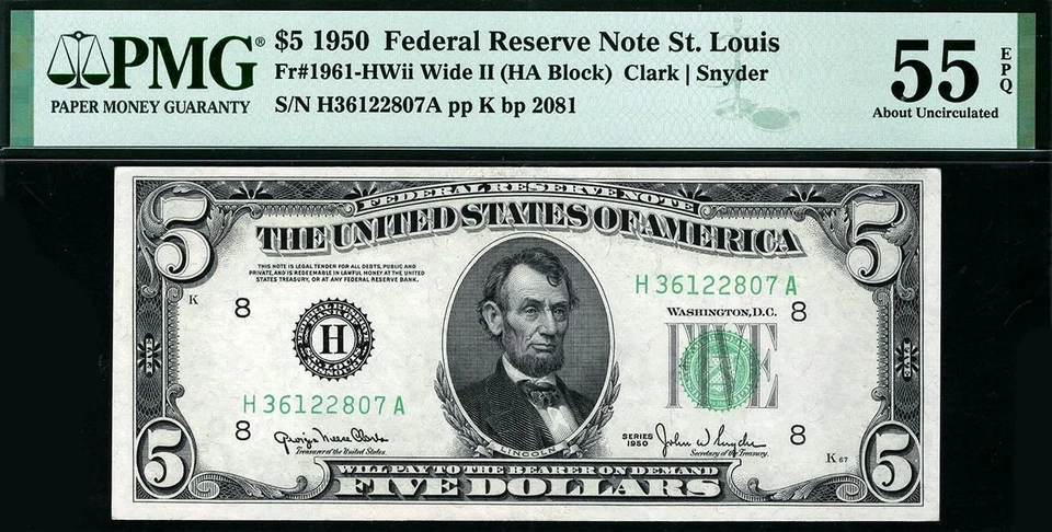 1950 $5 St. Louis *WIDE II* Federal Reserve Note 1961-H Wide 2 PMG 55 EPQ *RARE* - Image 1 of 2