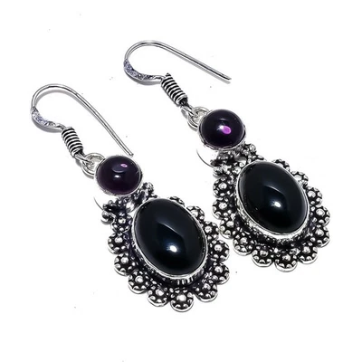 Pendiente de plata de ley 925 con piedras preciosas de amatista de ónix negro natural 1,8" G963 Foto 1 de 4