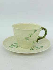 Vintage Belleek Pottery Basket Weave Shamrock Demitasse Cup and Saucer Ireland - Picture 1 of 23