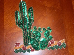 Large Vintage Cactus Embroidery Beaded Fabric Applique Sew On Patch 8 x 7 in - Picture 1 of 3