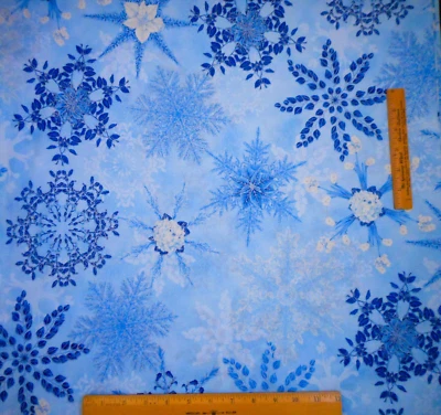 Kaufman Christmas Fabric By The Yard Snow Flower Metallic Silver Blue Cotton #34 - Image 1 of 4