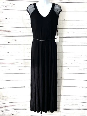 Vestido Calvin Klein Para Mujer’s 8 Negro Maxi Camiseta Mangas de Encaje Elastizado Cinturón Nuevo con Etiquetas Foto 1 de 4