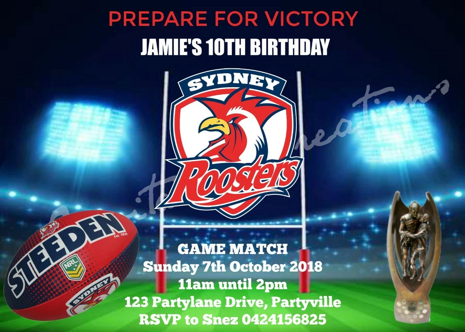 Hágalo usted mismo Impresión Personalizada NRL SYDNEY CITY ROOSTERS FÚTBOL Invitaciones de Fiesta de Cumpleaños Foto 1 de 1
