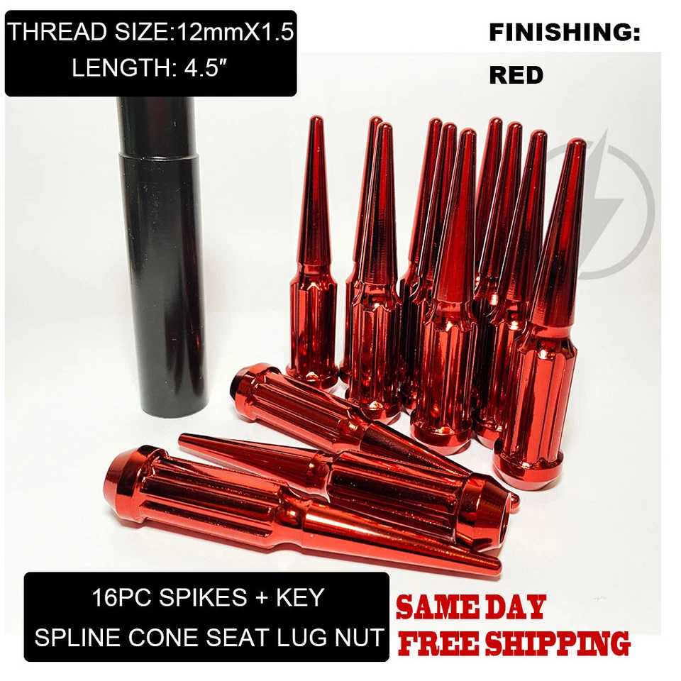 FIT CHEVROLET AVEO GEO PRIZM SPARK 4.5'' 7SPLINE SPIKE LUG NUT 12x1.5 RED 16+KEY - Image 1 of 4