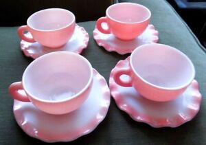 Set of 4 Vtg Hazel Atlas Pink Ripple Crinoline Coffee Cup and Saucers