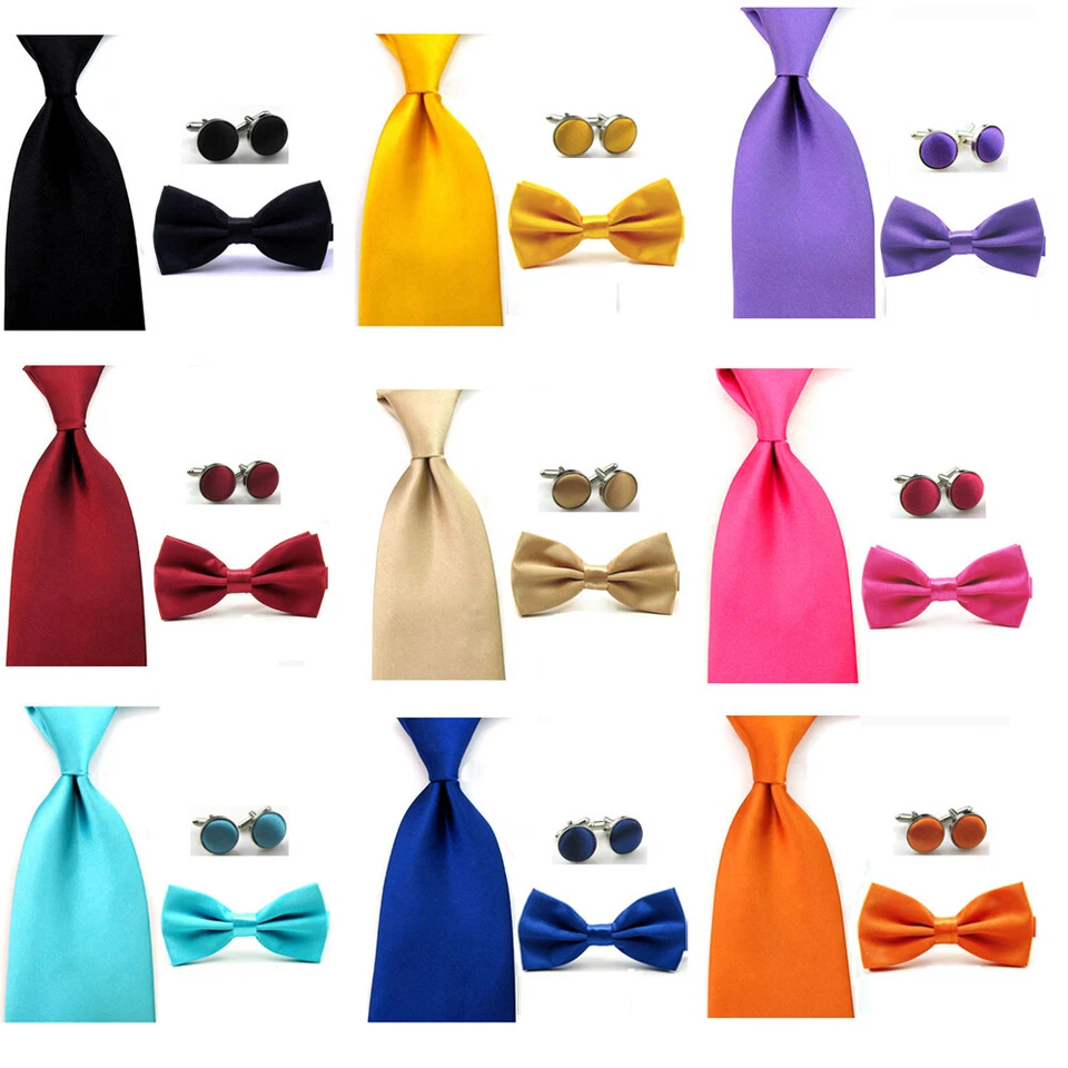 Men's Solid Satin Bowties 8cm Wide Neck Tie Cufflinks Set Wedding Party Necktie - Image 1 of 1