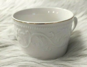 NEW Farberware Calais Coffee Cup Mug White Embossed Border Gold Rim  - Picture 1 of 3