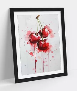 PINTURA ACUARELA DE JUGOSAS CEREZAS ROJAS - ARTE DE PARED ENMARCADO PÓSTER IMPRESIÓN EN PAPEL - Imagen 1 de 11