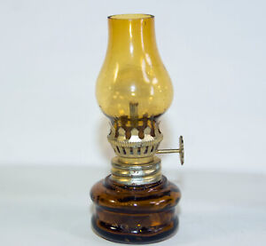 Vintage Amber Glass Mini Oil Lamp Hurricane 4" Tall 