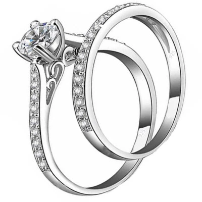 Anillo de plata real 925 conjunto de compromiso de boda banda para mujer 2ct talla 4-11,5 Foto 1 de 4