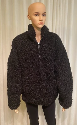 Cynthia Rowley DE GRAN TAMAÑO piel sintética piel de oveja tirar sobre cuarto negro cremallera frontal L Foto 1 de 4