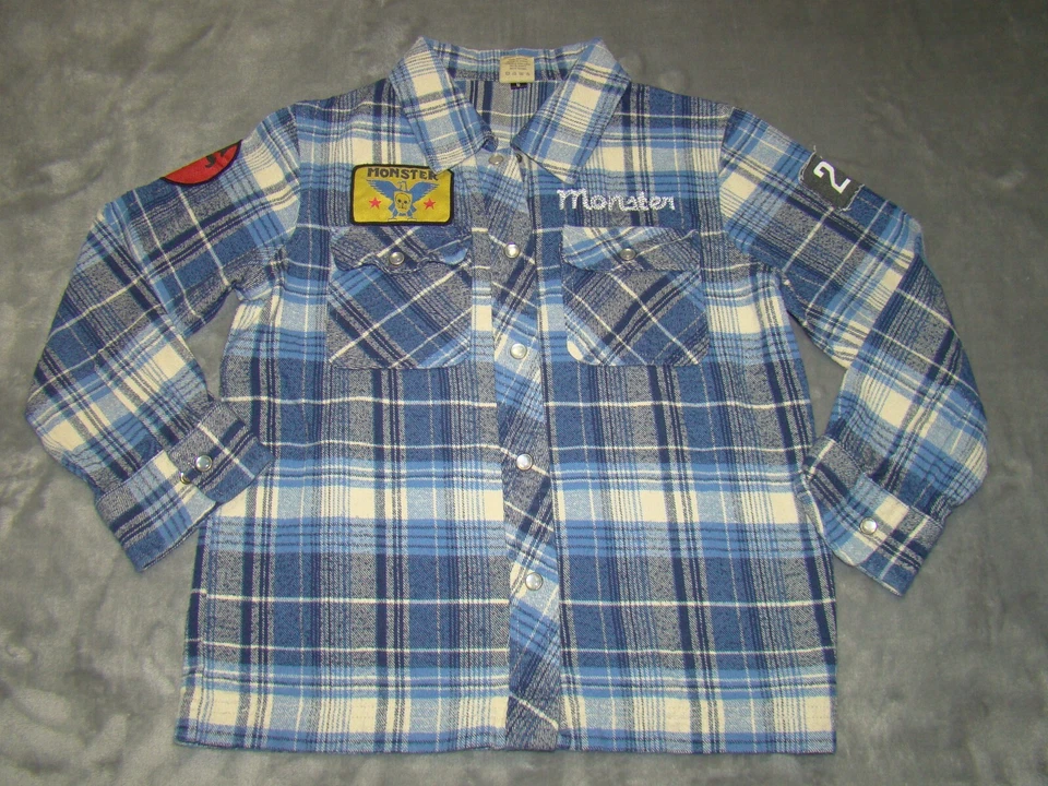 Monster Republic Boys 6 Freedom from Above Skull Blue Plaid Flannel Snap Shirt - Image 1 of 4