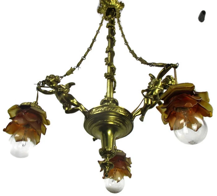 Antique Empire  Chandelier Putti Cherubs Angels 3 arm Lights Amber Shades Lovely - Image 1 of 4