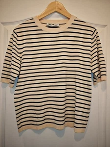 Zara viscose striped short sleeve jumper top size XL UK 14 - Picture 1 of 9