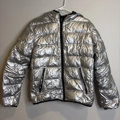 American Eagle Puffer Coat Sz S Women’s Metallic Silver Coat Hooded Barbiecore - Image 1 of 4