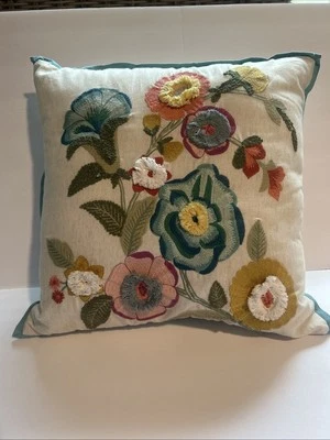 Embroidered Floral Pillow Pink Blue Green 18" x18" Appliqué Pier 1 Coastal Chic - Image 1 of 4